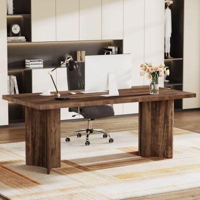 6.23 ft Conference Table, 74.8" L x 37.4" W x 29.5" H Rectangle Meeting Room Table, Modern Wood Seminar Table for Office Conference Room, Brown & White