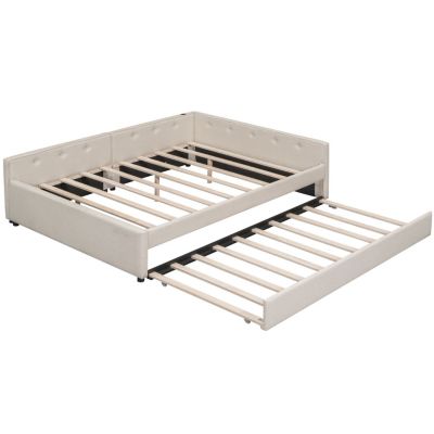 Queen Size Upholstered Platform Bed with USB And Twin Size Trundle