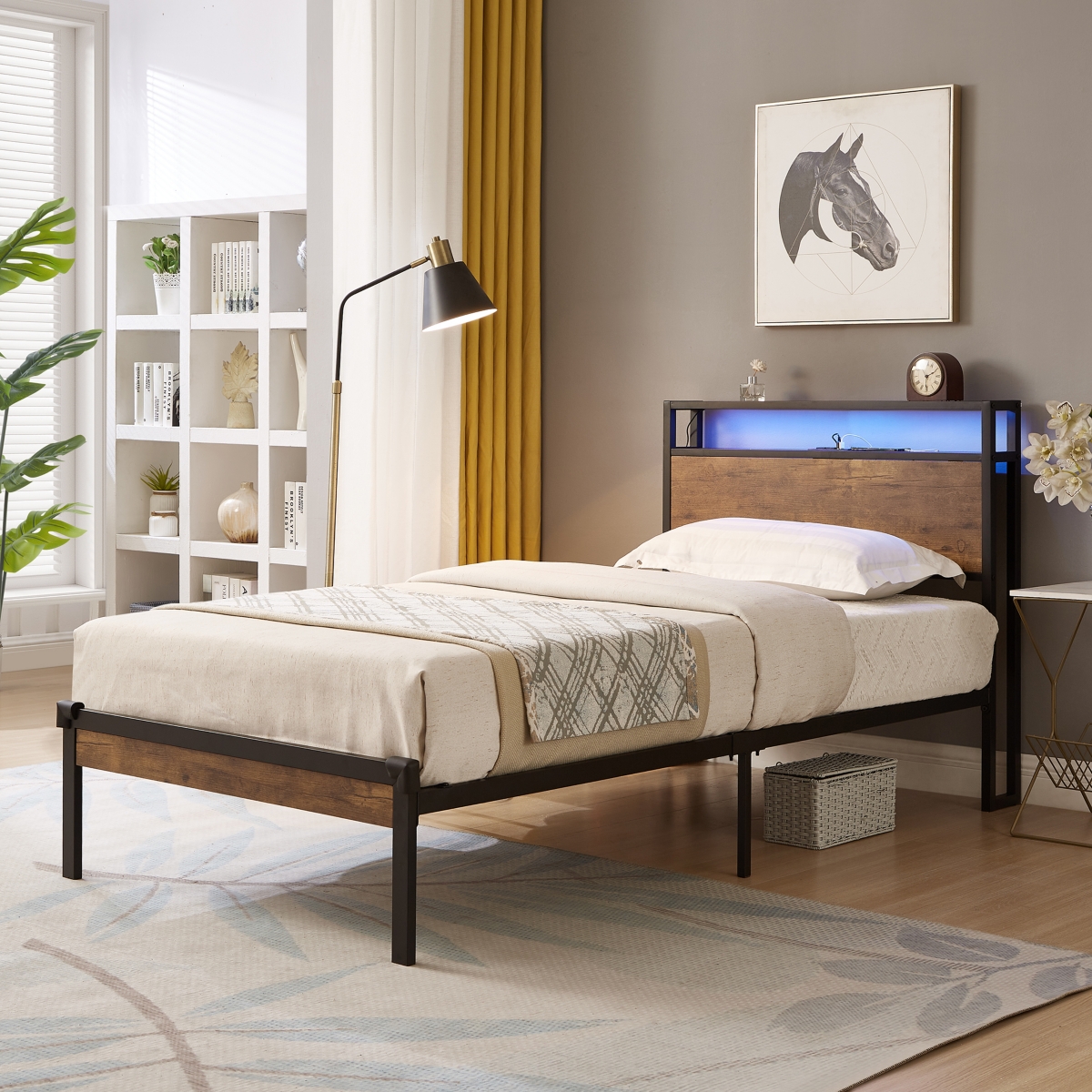 Streamdale Furniture Metal Platform Bed with Wooden Headboard, Led Lights, Usb Liner, Easy Assemble - Black+brown