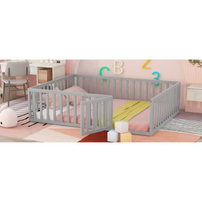 Streamdale Queen Size Wood Floor Bed Frame With Fence And Door