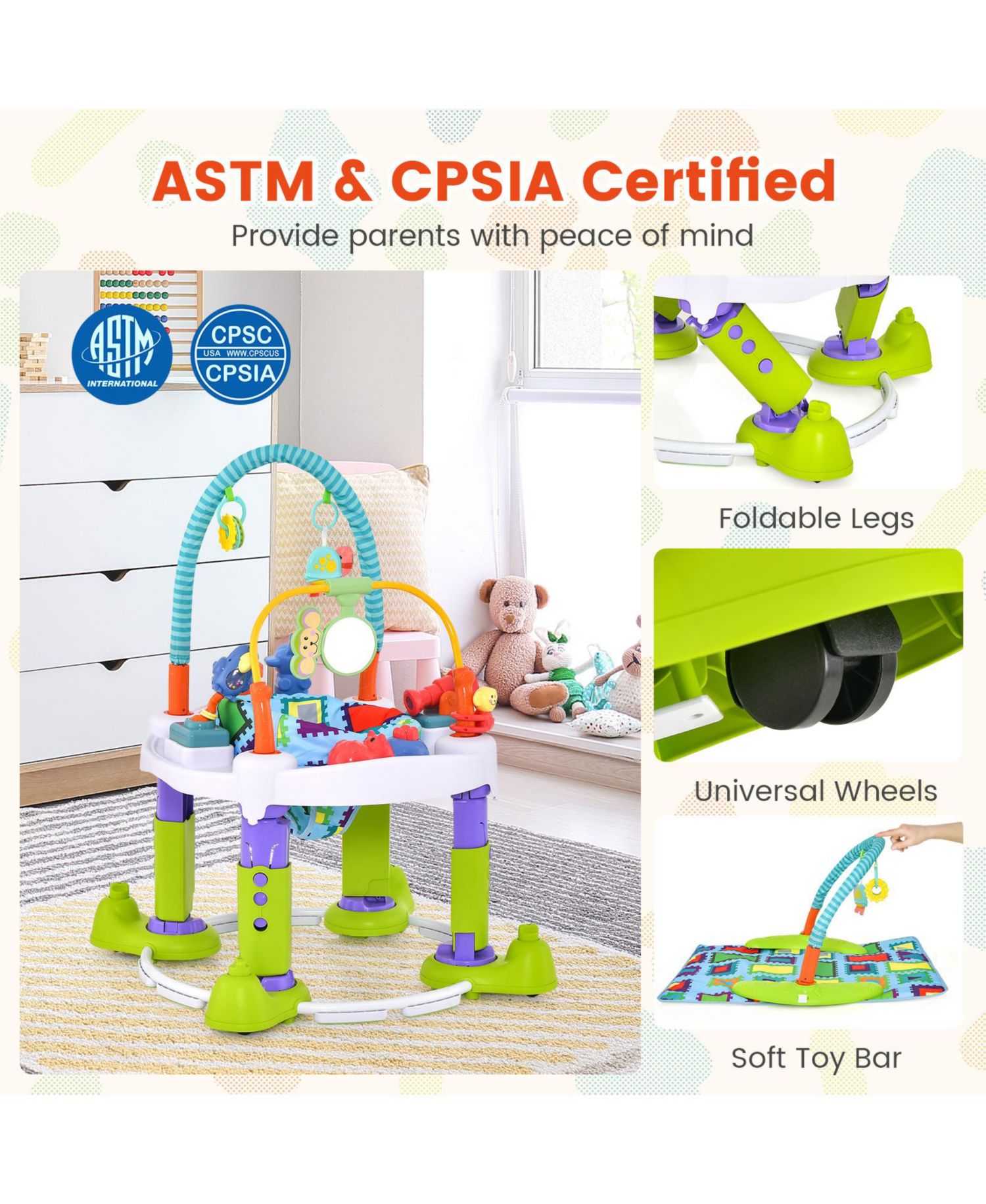 Kids 4-in-1 Baby Bouncer Activity Center with 3 Adjustable Heights-Green