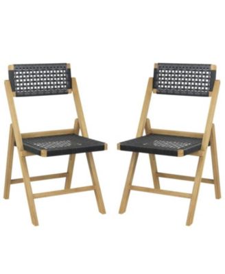 Set of 2 Folding Chairs Indonesia Teak Wood Dining Chairs with Woven Rope Seat and Back