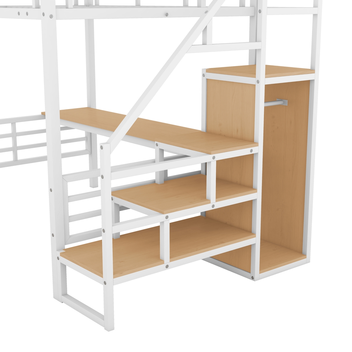 Streamdale Furniture Full Size Metal Loft Bed With Desk, Storage Staircase And Small Wardrobe, Storage Stairs
