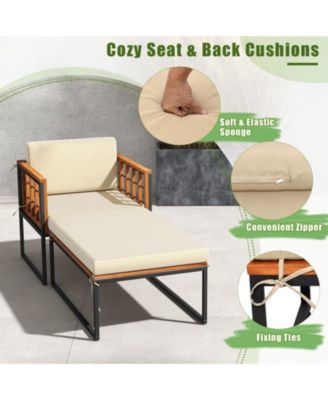 Patio Acacia Wood Armchair with Long Ottoman and Seat Back Cushions