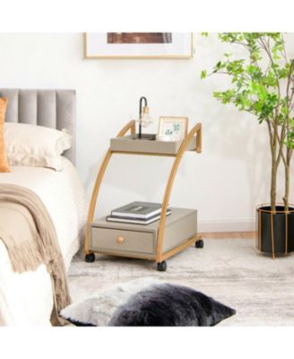 Modern 2-Tier Rolling End Table with Tray Top and Pull-Out Drawer-Grey