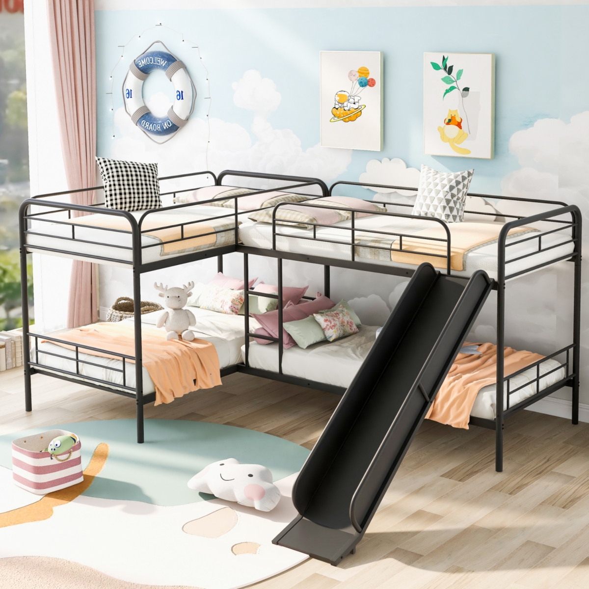 Simplie Fun Twin Size L-Shaped Bunk Bed With Slide And Ladder
