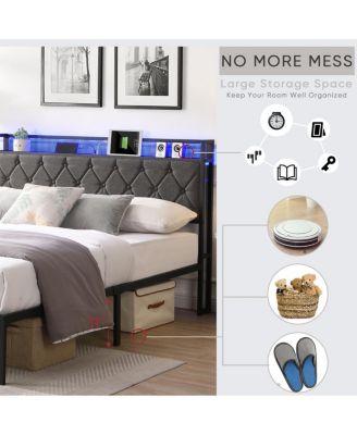 Streamdale Upholstered Queen Bed Frame with Storage and LED Lights