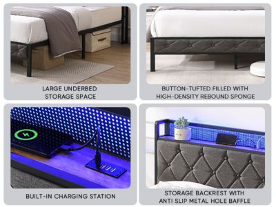Streamdale Upholstered Queen Bed Frame with Storage and LED Lights