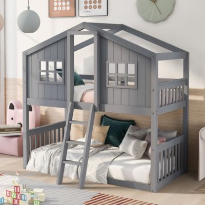 Streamdale Twin Over Twin House Bunk Bed With Ladder, Wood Bed