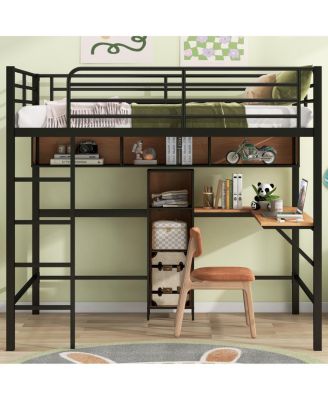  Full Size Metal & Wood Loft Bed With L - Shaped Desk And Shelves