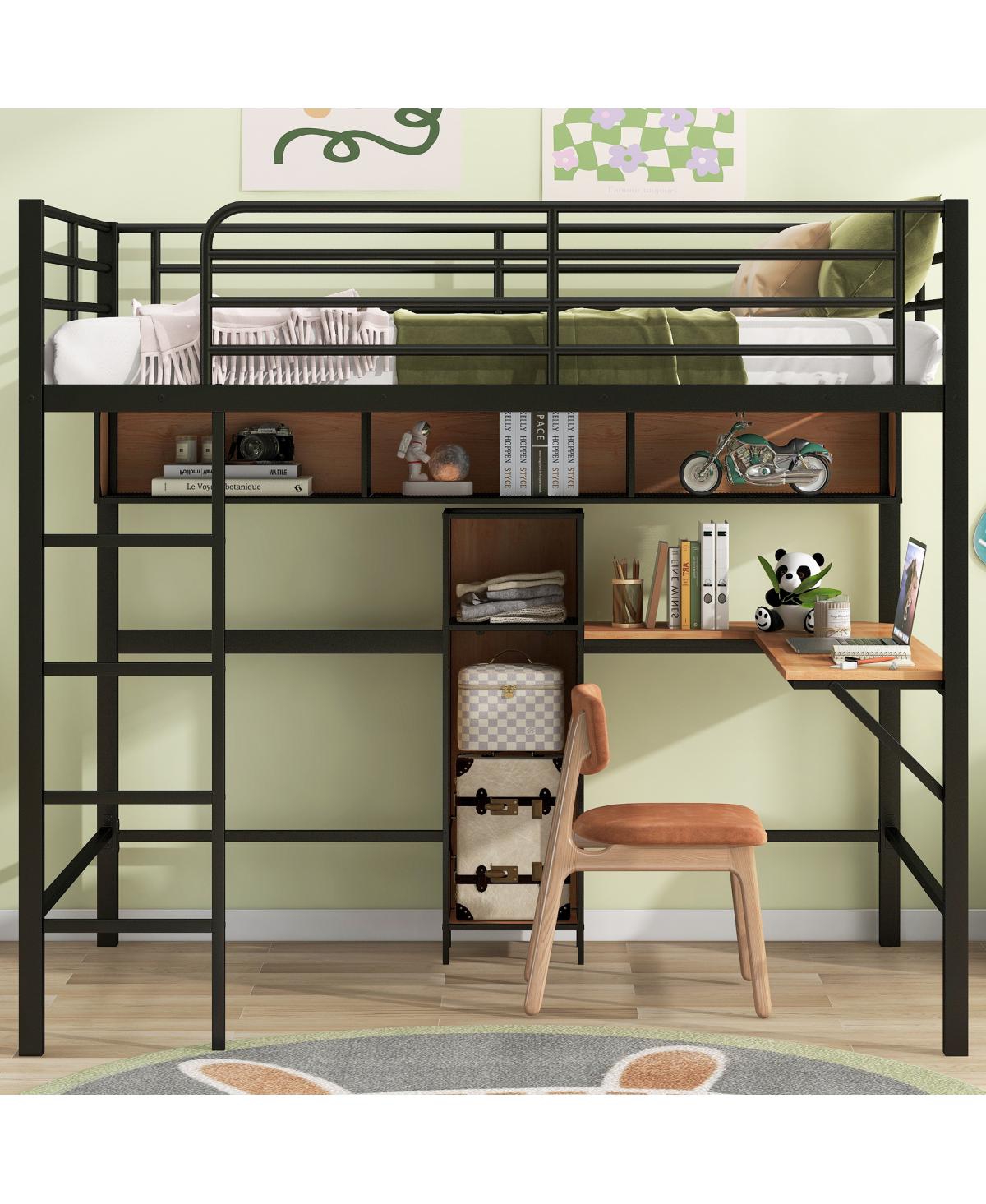 Simplie Fun Full Size Metal & Wood Loft Bed With L - Shaped Desk And Shelves