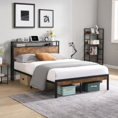 Queen Metal Platform Bed with USB Headboard