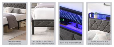 Storage Headboard Bed Frame with LED Lights