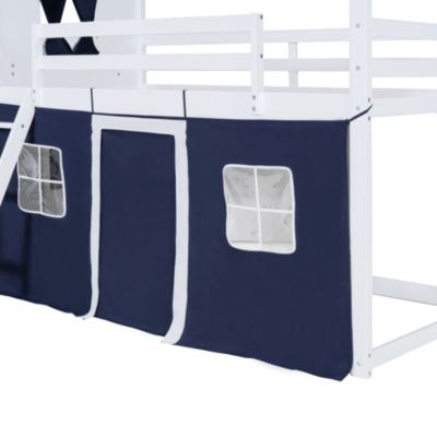 Streamdale Twin Size Bunk Wood House Bed With Elegant Windows, Sills And Tent