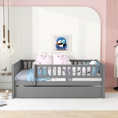 Streamdale Full Size Wood Daybed With Trundle And Fence Guardrails