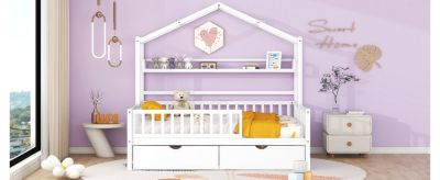 Streamdale Kids' White Wooden House Bed with Drawers and Shelf