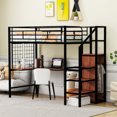 Streamdale Metal Loft Bed with Desk, Storage Ladder & Wardrobe