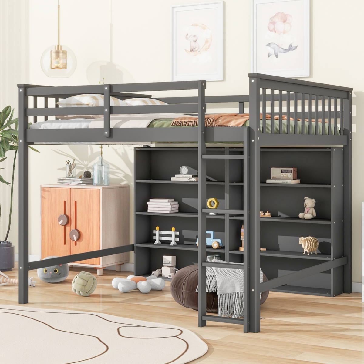Simplie Fun Full Size Loft Bed With 8 Open Storage Shelves And Builtin Ladder