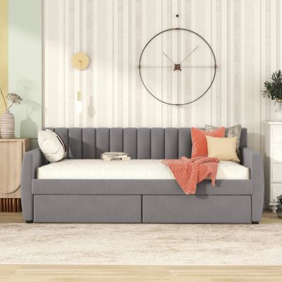 Twin Size Upholstered Daybed With Drawers, Wood Slat Support