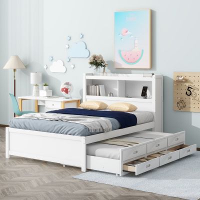 Streamdale Full Size Platform Bed With Trundle, Drawers And USB Plugs, White
