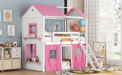 Streamdale Twin Size Bunk Wood House Bed With Elegant Windows, Sills And Tent