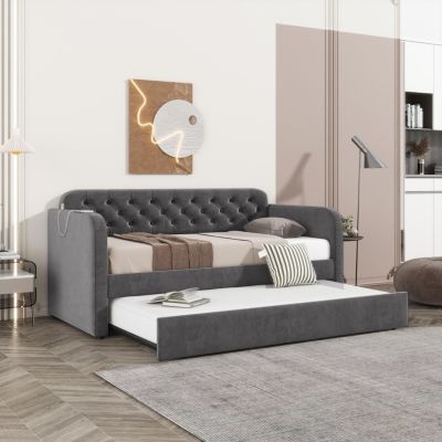 Velvet Upholstered Daybed with Trundle and USB Charging