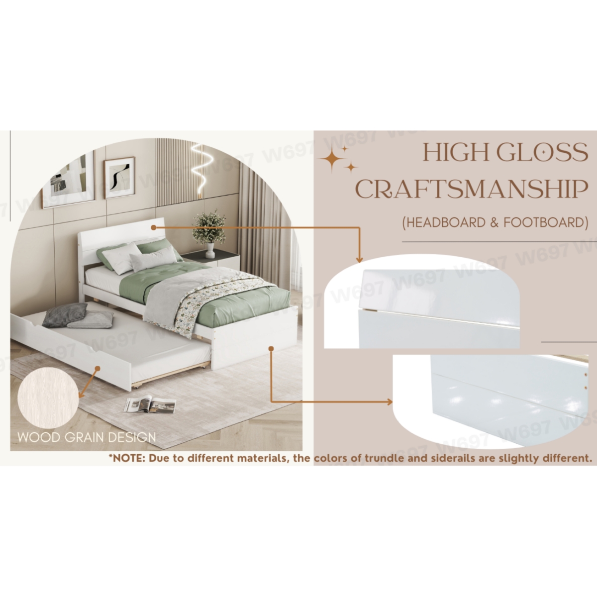 Simplie Fun Modern Twin Bed Frame with Trundle, White Gloss Finish