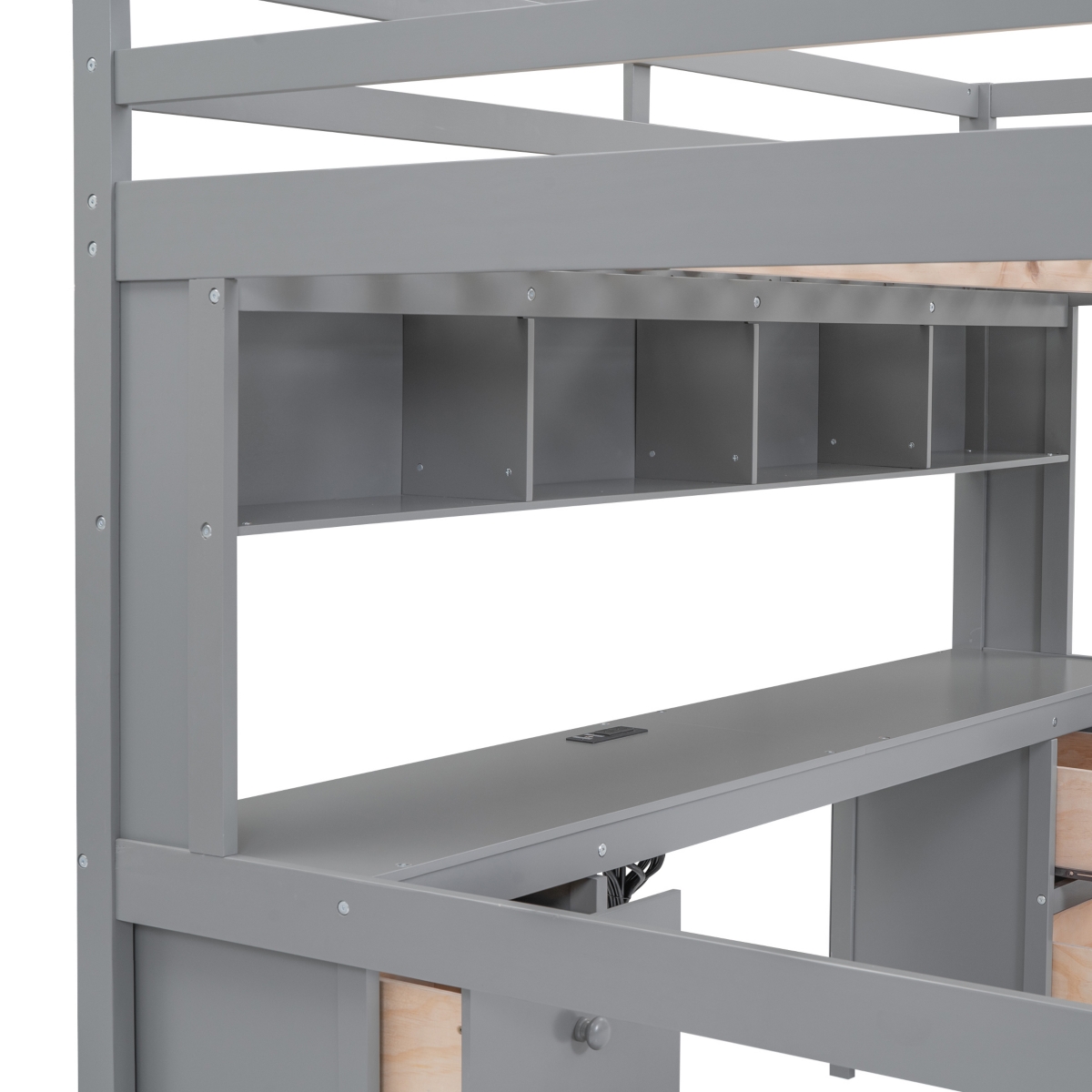 Full Size Loft Bed With Desk, Cabinets, Drawers And Bedside Tray, Charging Station