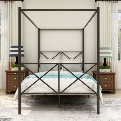 Metal Canopy Bed Frame, Platform Bed Frame With X Shaped Frame Full