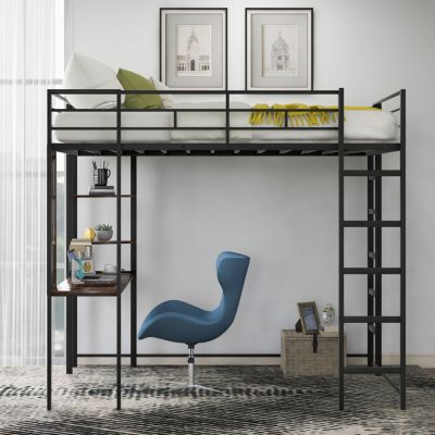 Streamdale Full Size Metal Loft Bed With 2 Shelves And One Desk