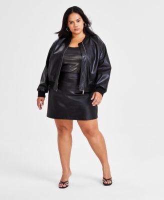 Trendy Plus Size Faux Leather Bomber Jacket Shiny Mesh Scoop Neck Top Faux Leather Mini Skirt Created for Macy s