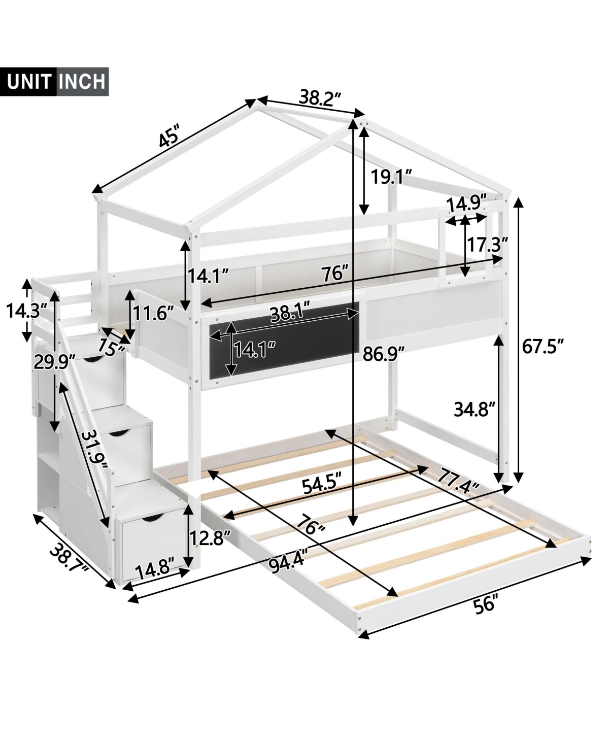 Simplie Fun Twin Over Full House Bunk Bed With Storage Staircase And Blackboard