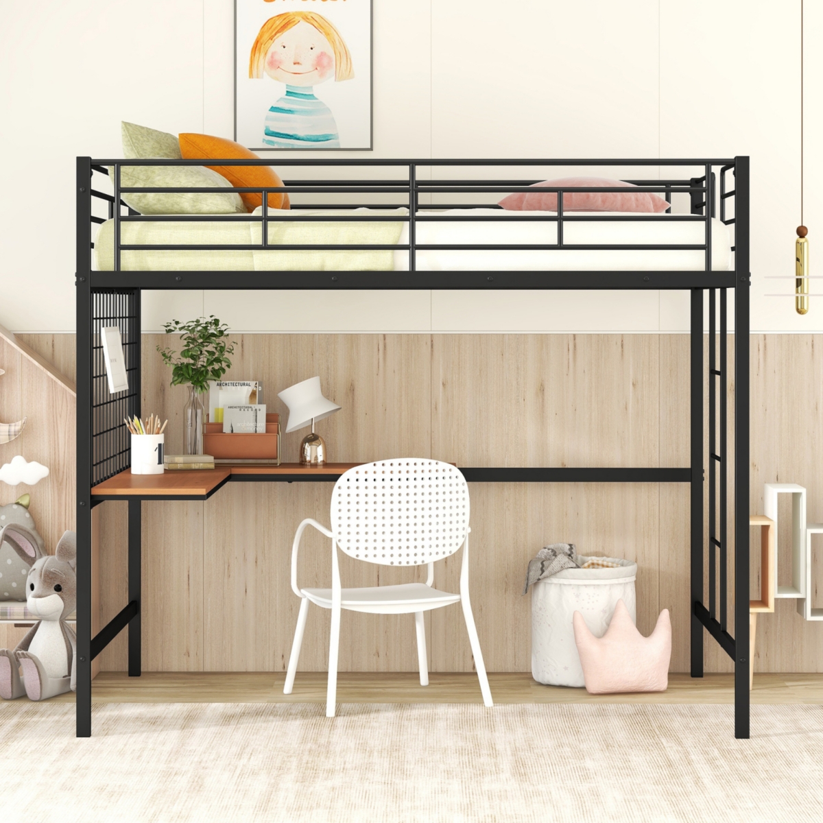 Simplie Fun Full Metal Loft Bed With Desk And Metal Grid