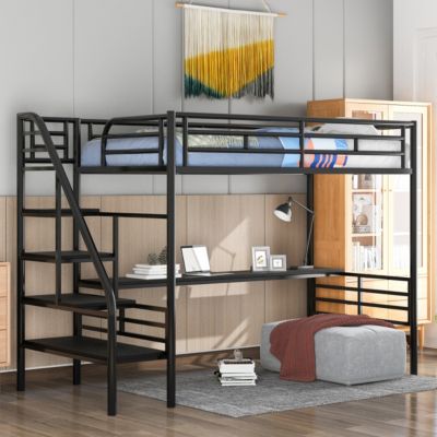 Metal Loft Bed Frame With Desk, No Box Spring Needed
