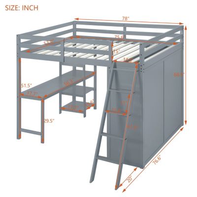 Streamdale Full Size Loft Bed With Wardrobe And Desk And Shelves, White