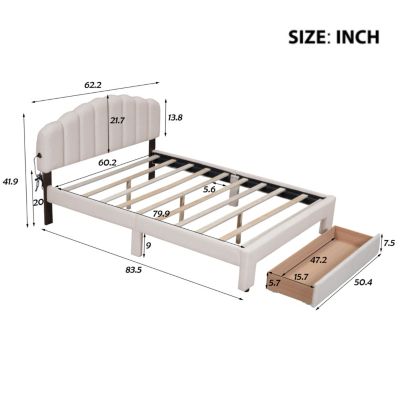 Streamdale Teddy Fleece Queen Size Upholstered Platform Bed With Drawer, White