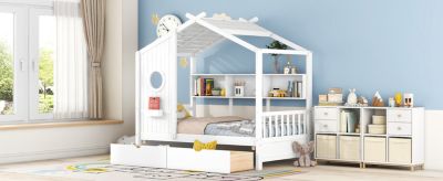 Wooden Twin Size House Bed With 2 Drawers, Kids Bed With Storage Shelf