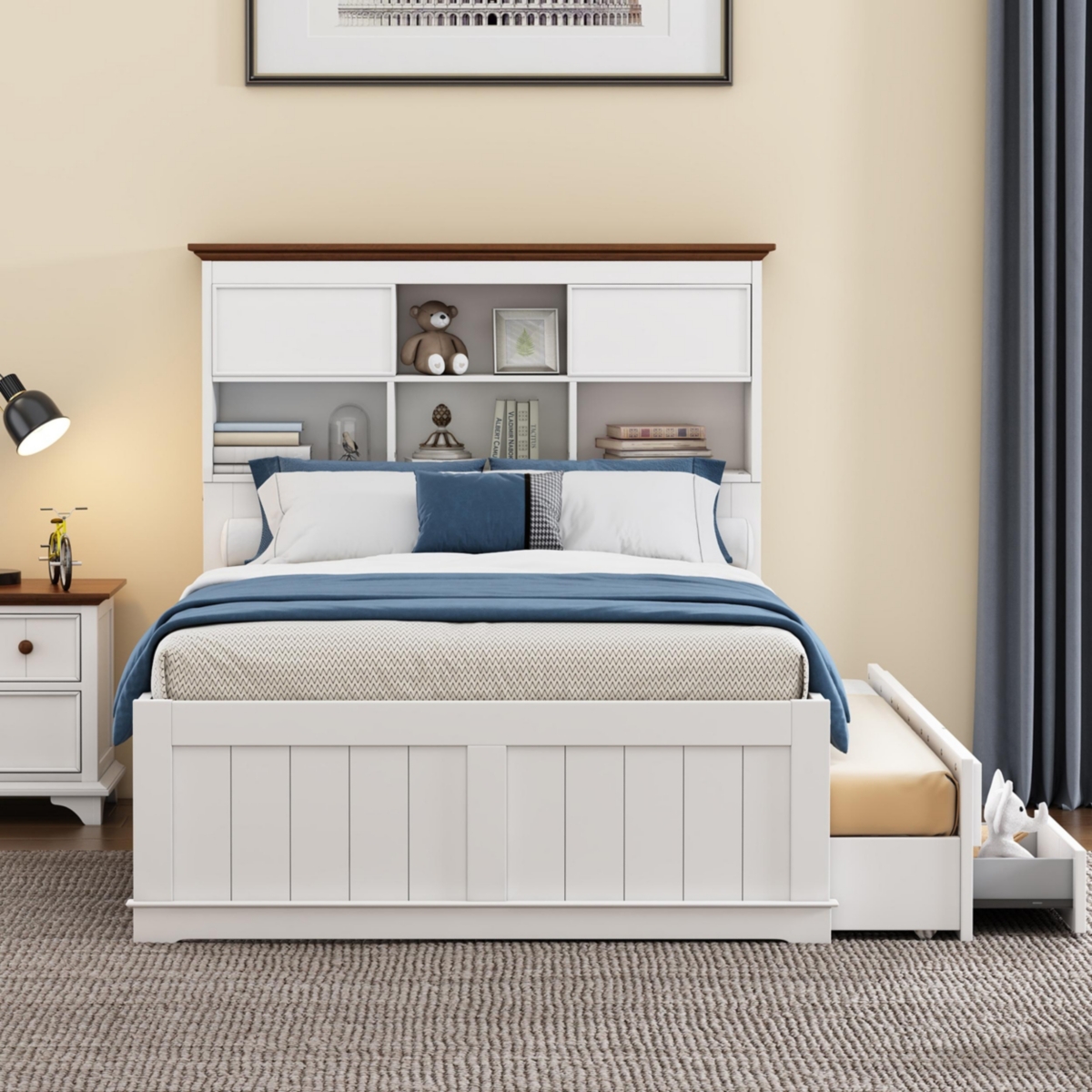 Streamdale Furniture Solid Pine Captain Bookcase Bed With Trundle Bed And 3 Spacious Under Bed Drawers, Full - White+walnut