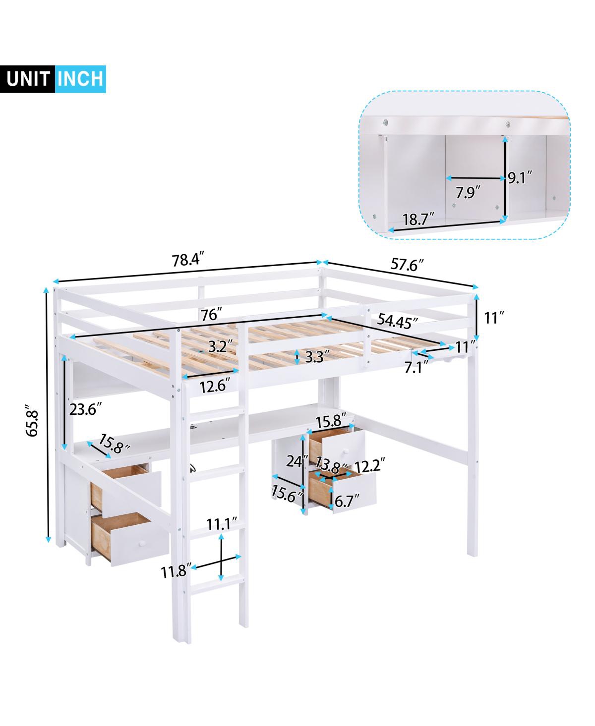 Simplie Fun Full Size Loft Bed With Desk, Cabinets, Drawers And Bedside Tray, Charging Station