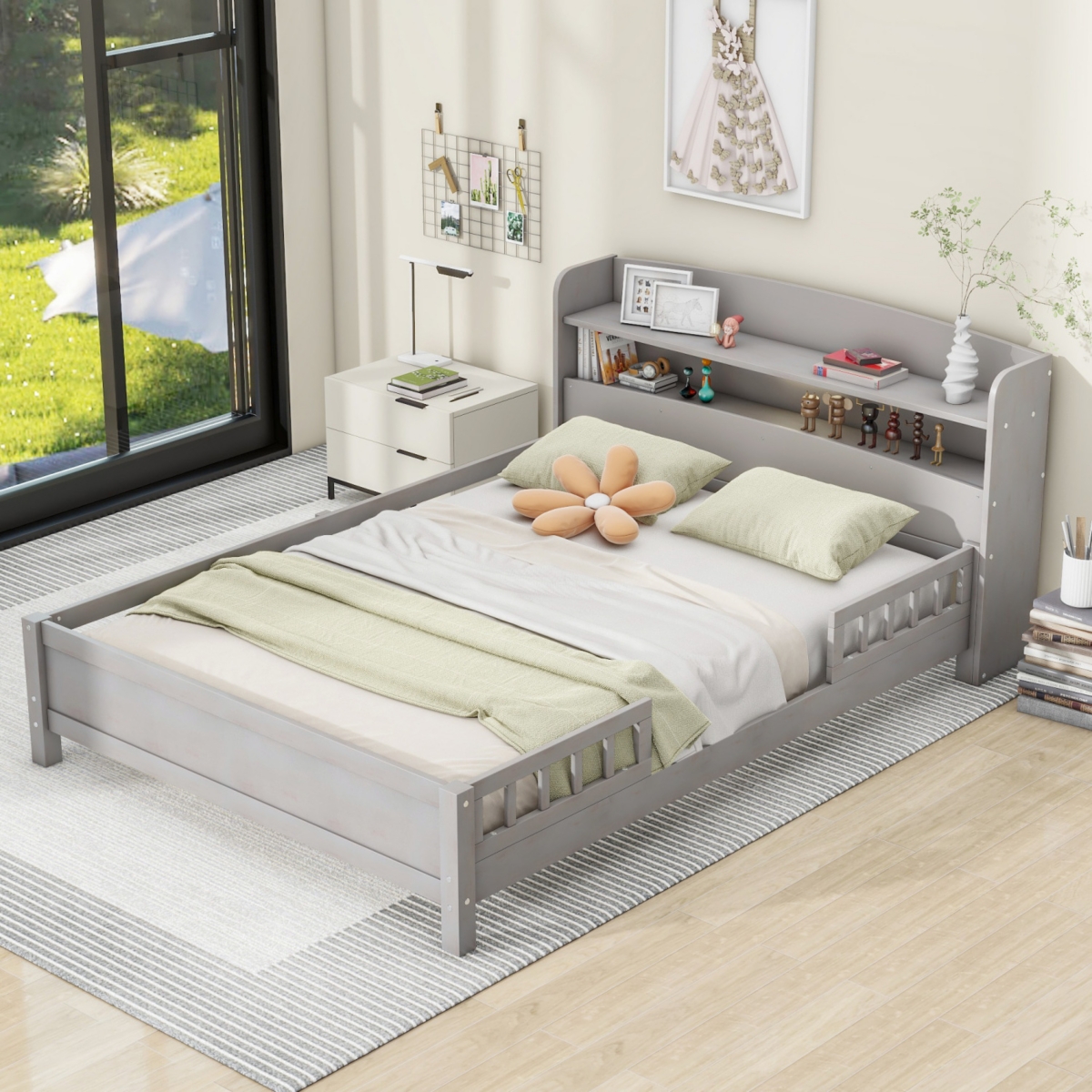 Simplie Fun Wood Full Size Platform Bed With Built-In Led Light, Storage Headboard And Guardrail
