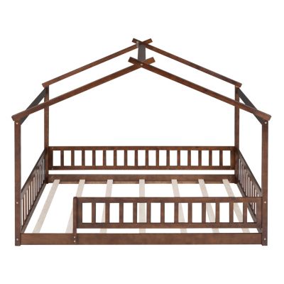 Streamdale Full Size Wood House Bed Frame with Fence, Natural