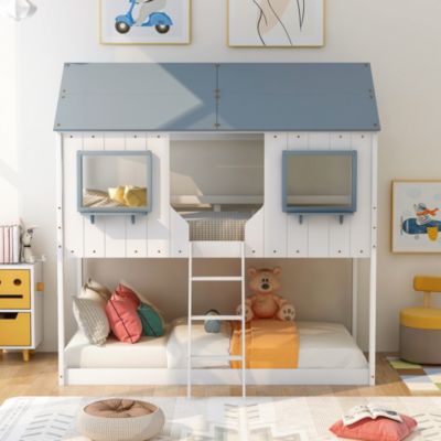 Bunk Bed with Roof, Window, and Guardrail - Twin
