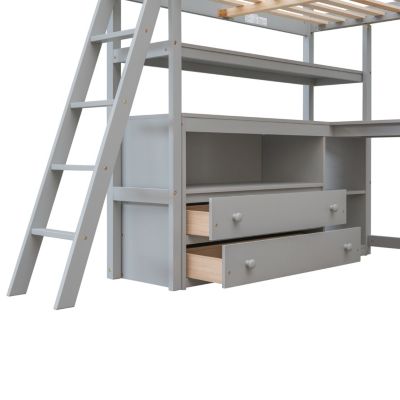 Streamdale Full Size Loft Bed With Desk And Shelves, Two Built-In Drawers