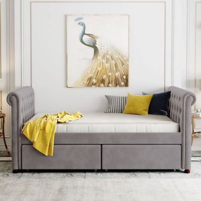 Streamdale Twin Size Upholstered Daybed With Drawers, Wood Slat Support