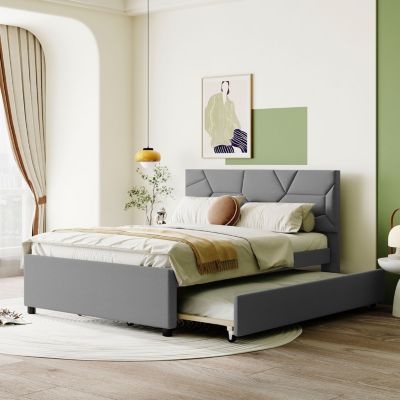 Full Size Upholstered Platform Bed With Brick Pattern Headboard And Twin Size Trundle, Linen
