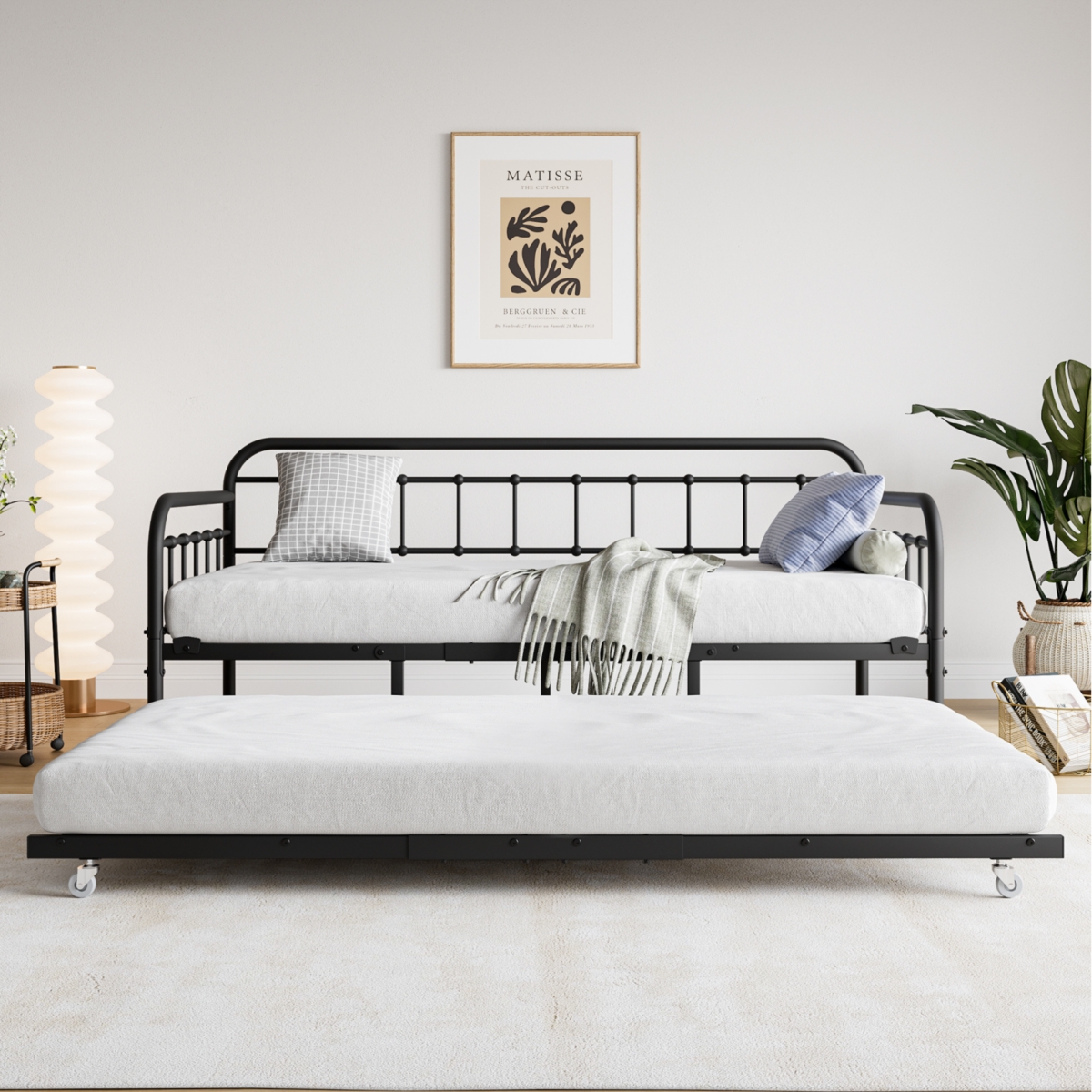 Streamdale Furniture Twin Size Metal Daybed Frame With Trundle, Heavy Duty Steel Slat Support Sofa Bed Platform