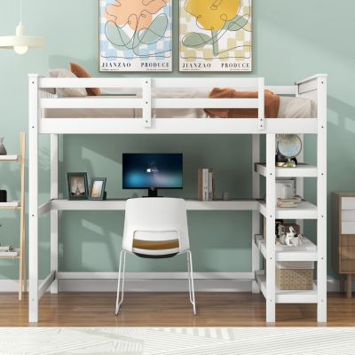  Full Size Loft Bed With Storage Shelves And Under-Bed Desk