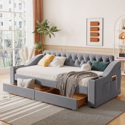 Twin Size Upholstered Daybed With Storage Armrests And USB Port