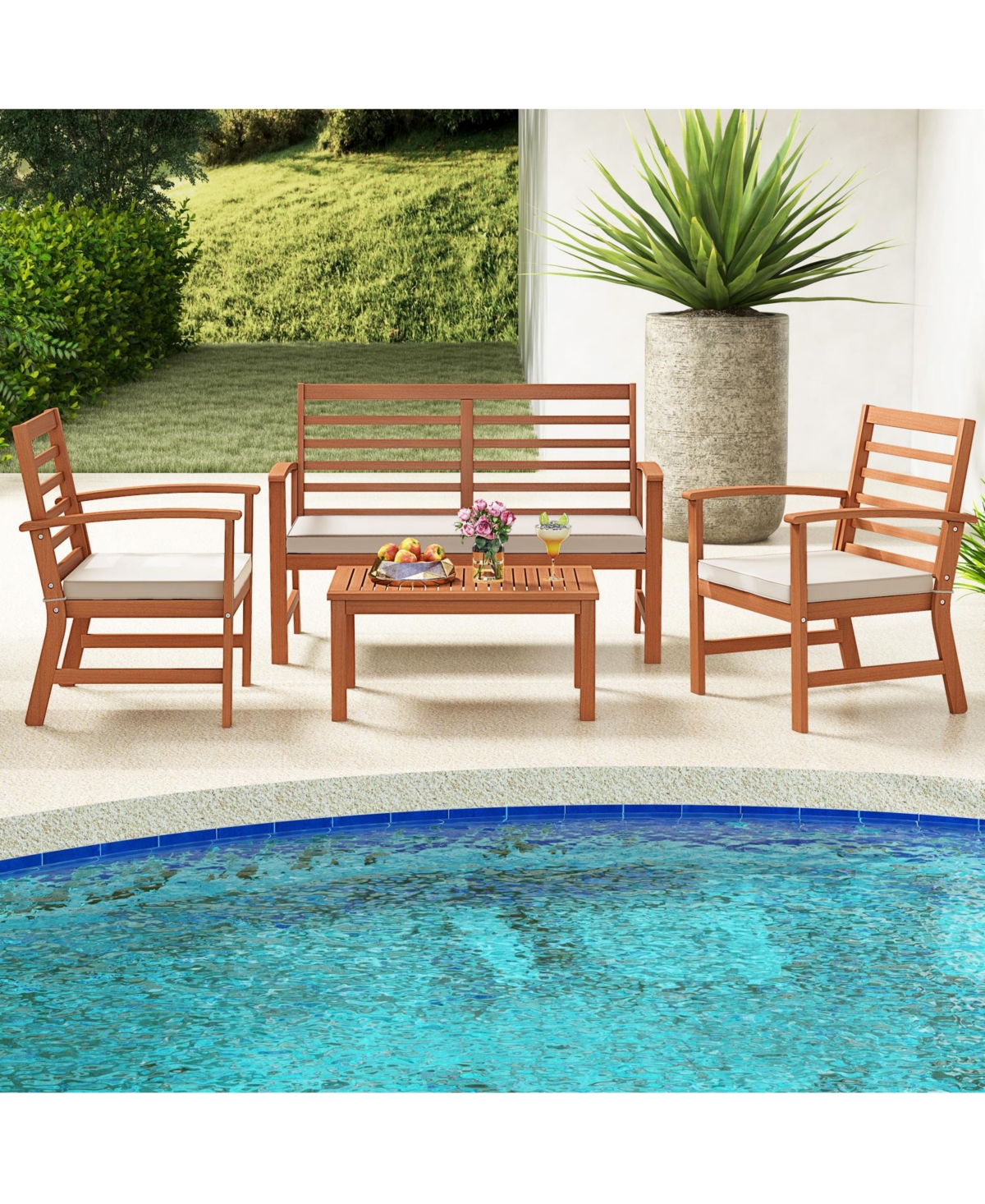 Slickblue 4 Pieces Outdoor Furniture Set with Stable Acacia Wood Frame