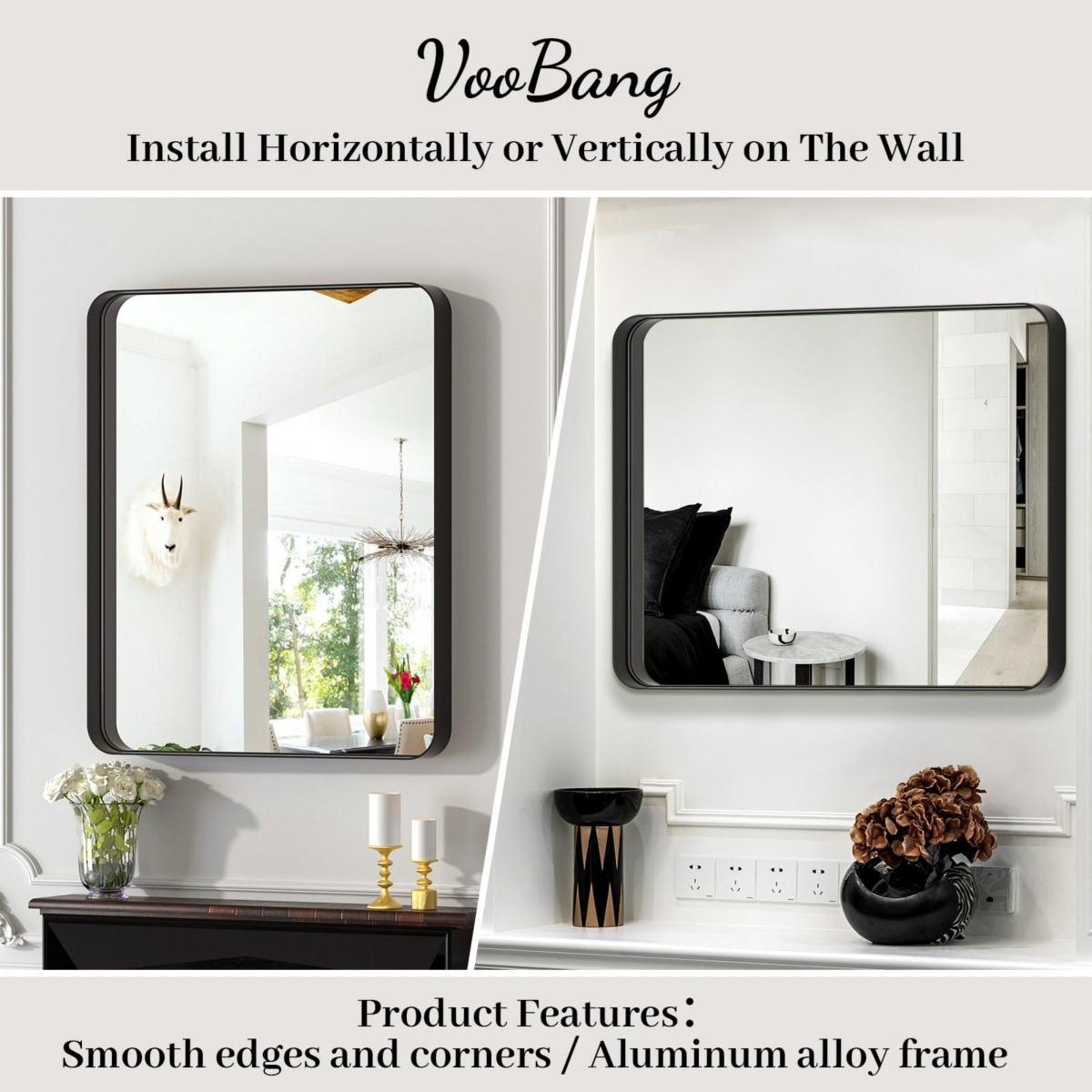 HomluxDeep Frame Bathroom Mirror with Modern Rounded Corners, Horizontal or Vertical Hang - Black